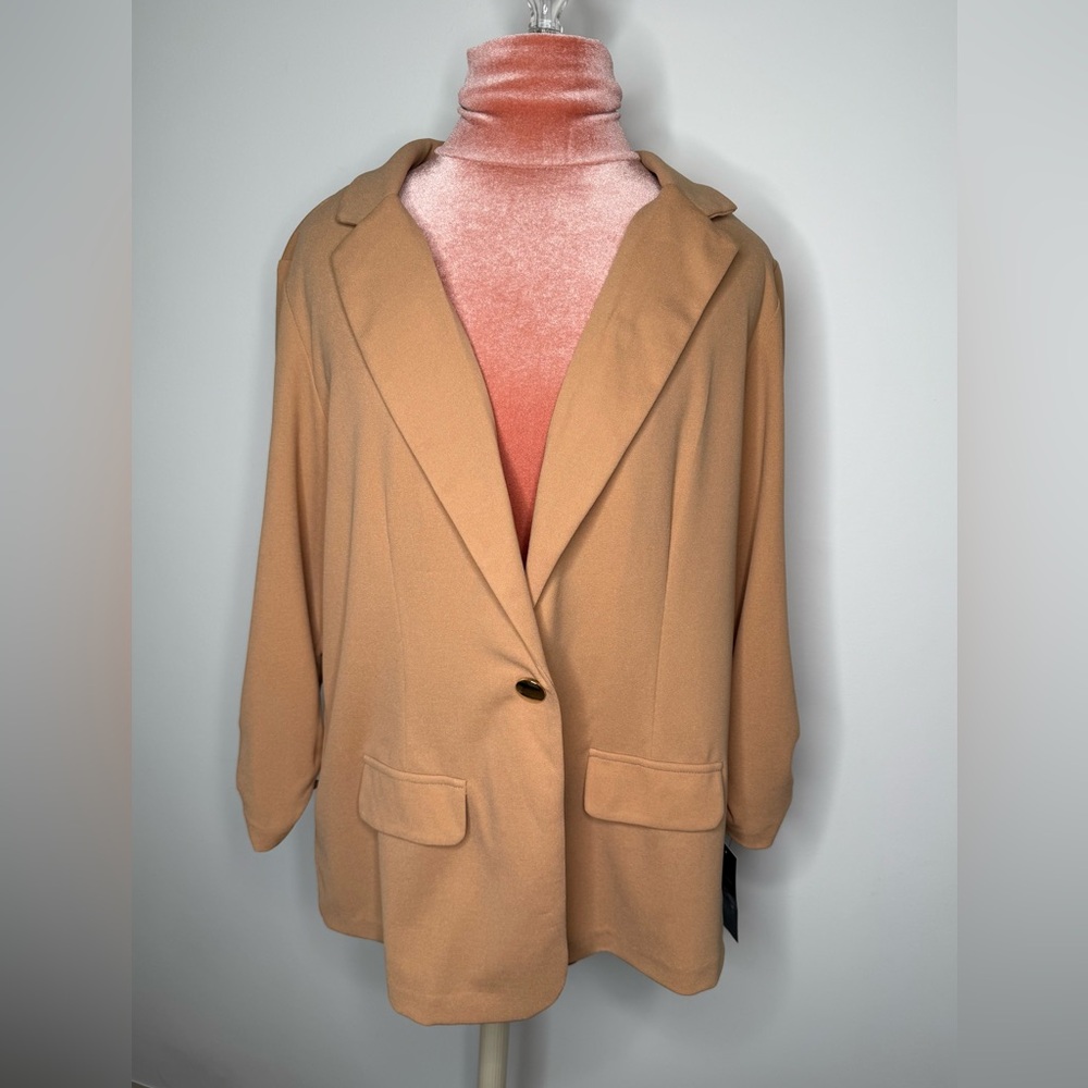 LC by Laura Cruz Ruched sleeve Blazer Tan Coffee Women’s Plus Size 1X